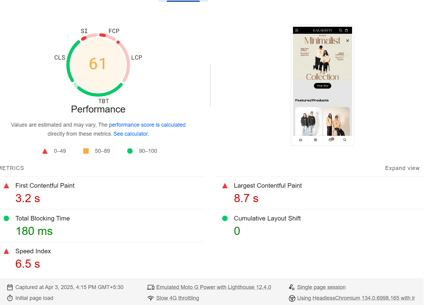 Screenshot of Core Web Vitals report showing high Largest Contentful Paint (LCP) at 8.7s, First Input Delay (FID) at 180ms, and zero Cumulative Layout Shift (CLS) of Mobile - Kalakriti