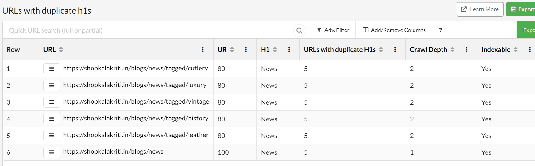 Screenshot from Screaming Frog SEO Spider showing duplicate H1 tag issue on Kalakriti website