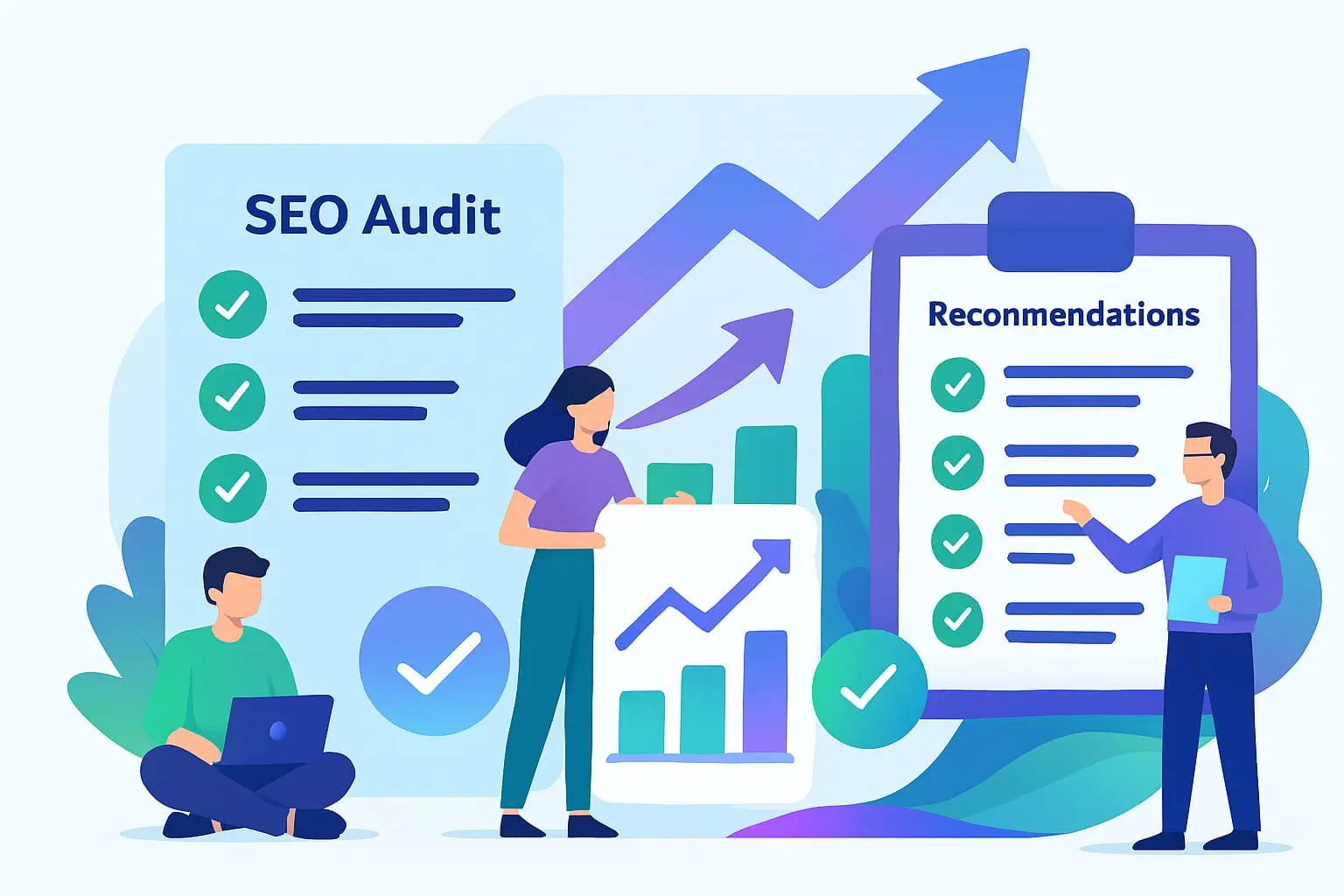 Digital illustration of SEO audit summary showing completed checklist, growth graph, and roadmap